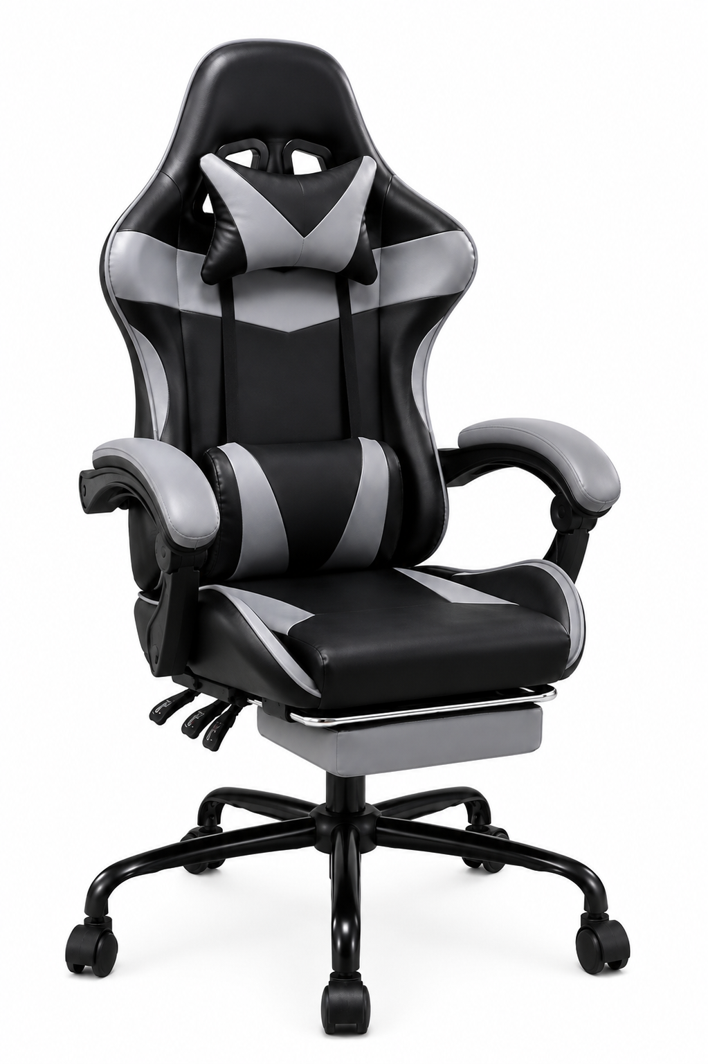 SILLA GAMER GRIS-CON REPOSAPIÉS Y MASAJEADOR