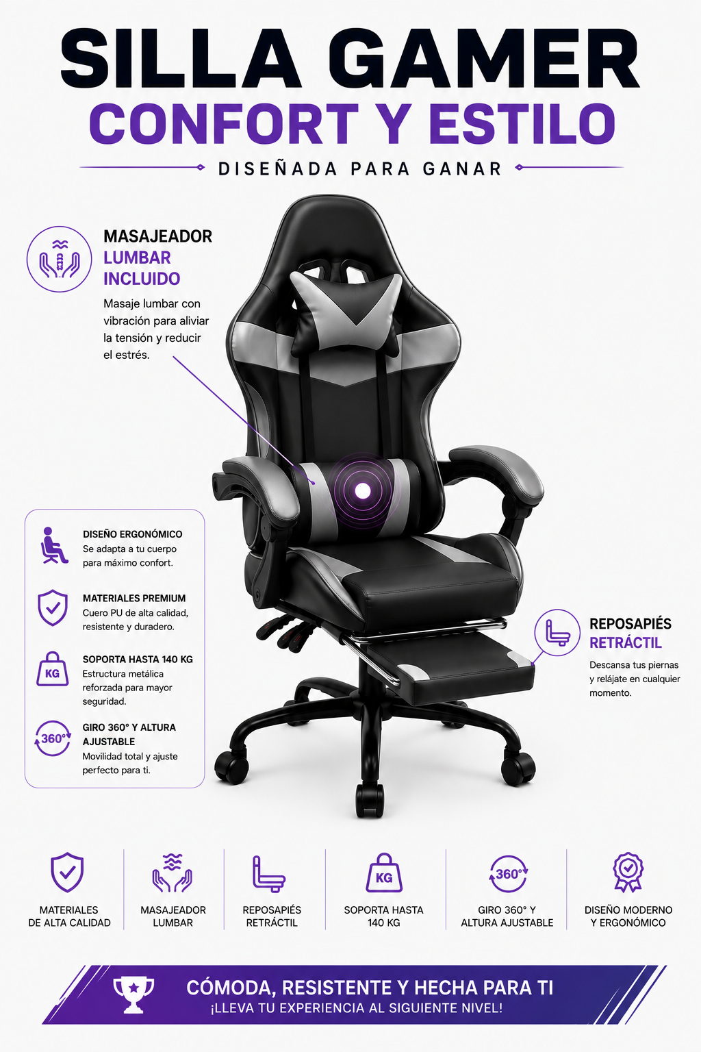 SILLA GAMER AZUL-CON REPOSAPIÉS Y MASAJEADOR